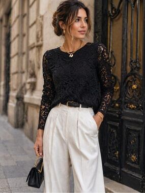 HALOGEN Long Sleeve Lace Top Woman French Style Lace Blouse Black Sz S